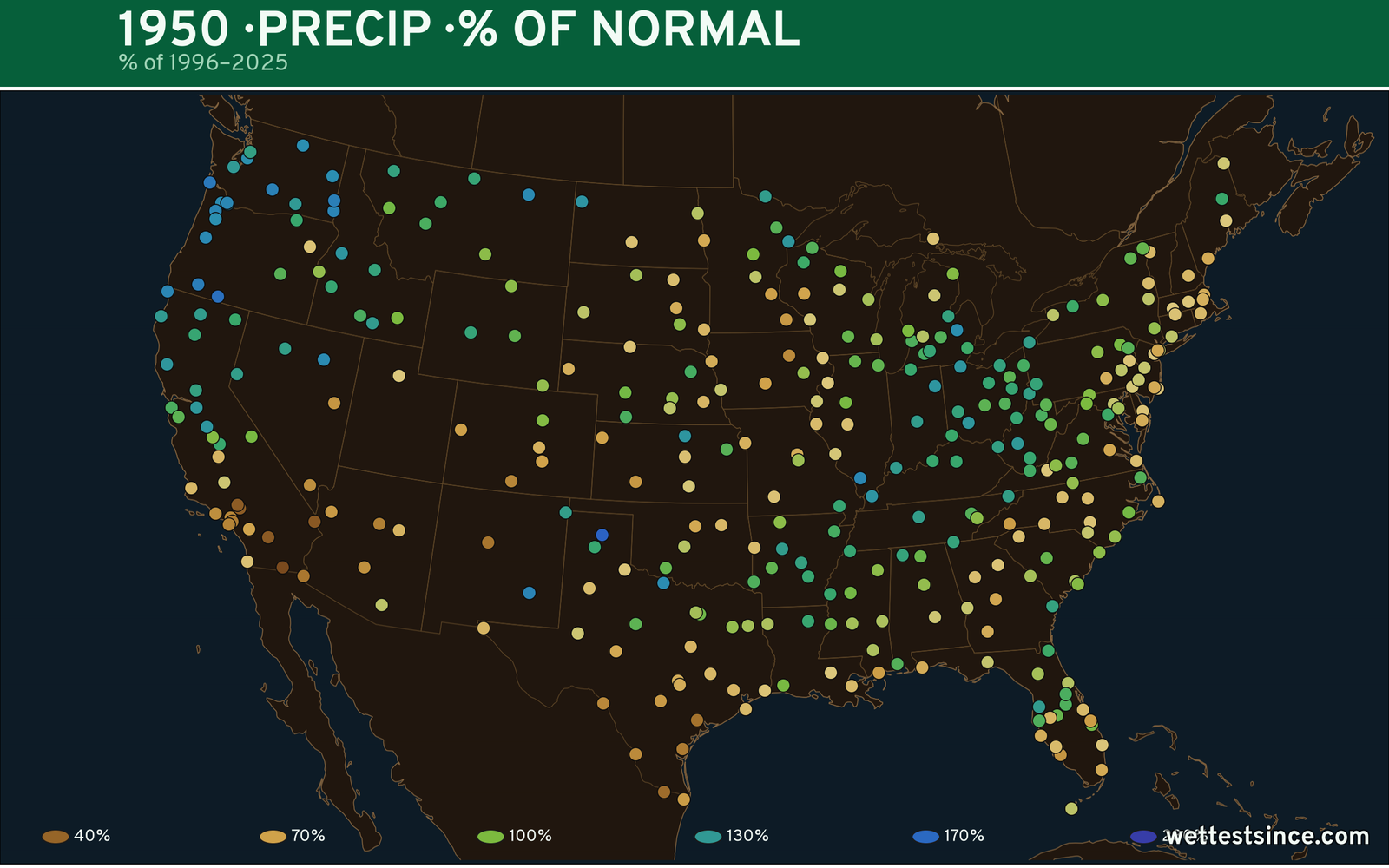 1950 U.S. precipitation percent-of-normal map