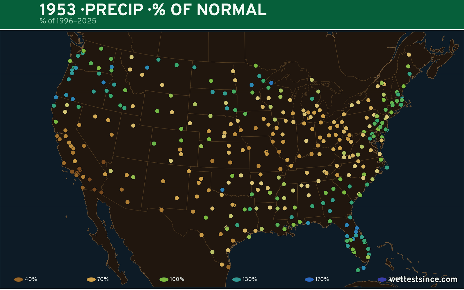 1953 U.S. precipitation percent-of-normal map