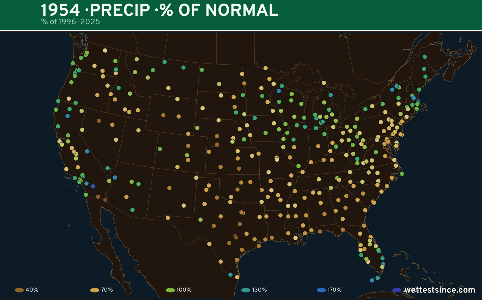 1954 U.S. precipitation percent-of-normal map