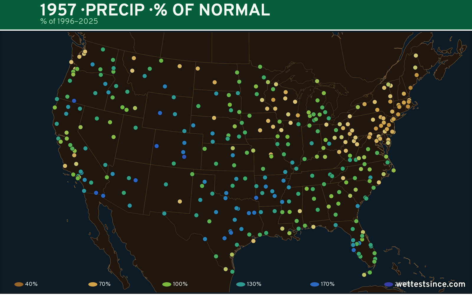 1957 U.S. precipitation percent-of-normal map