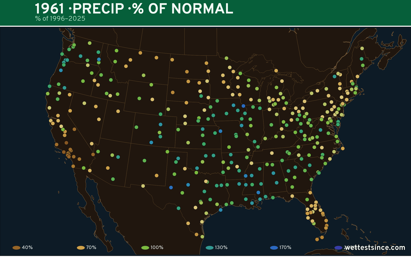 1961 U.S. precipitation percent-of-normal map