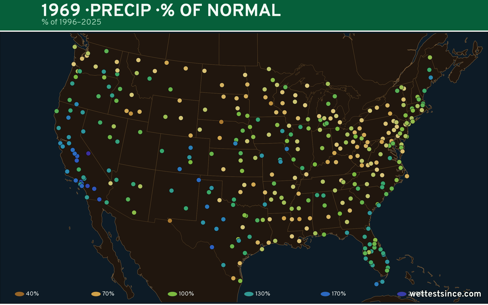 1969 U.S. precipitation percent-of-normal map