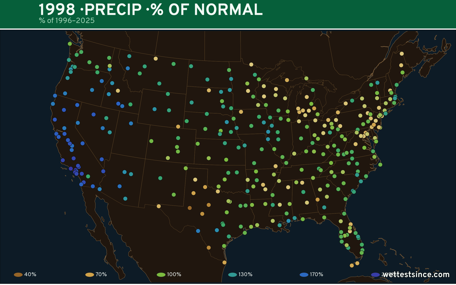 1998 U.S. precipitation percent-of-normal map