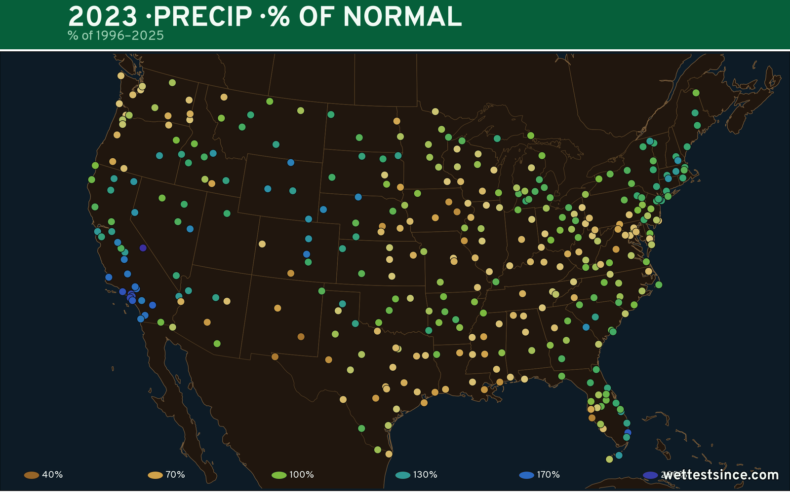 2023 U.S. precipitation percent-of-normal map