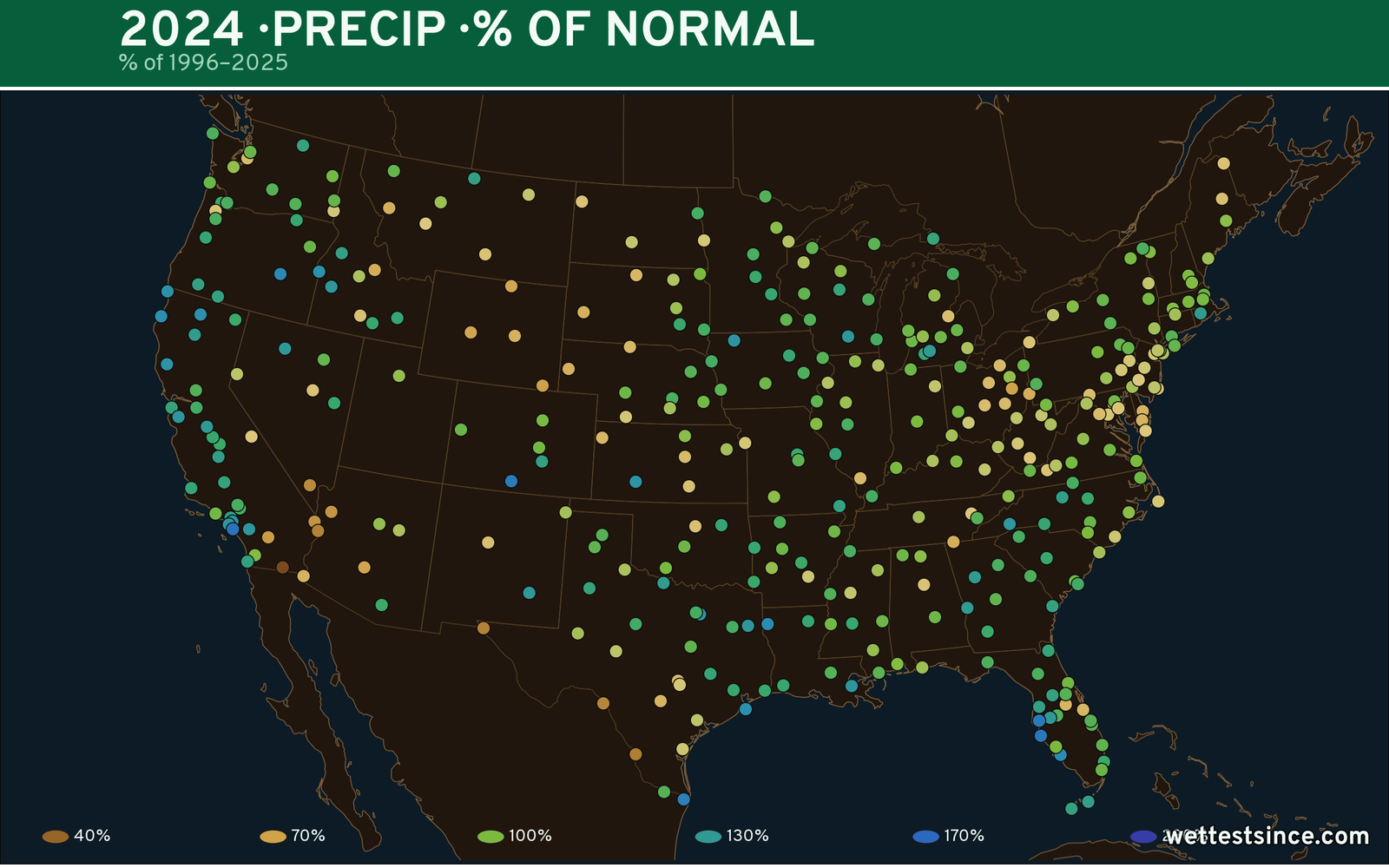 2024 U.S. precipitation percent-of-normal map