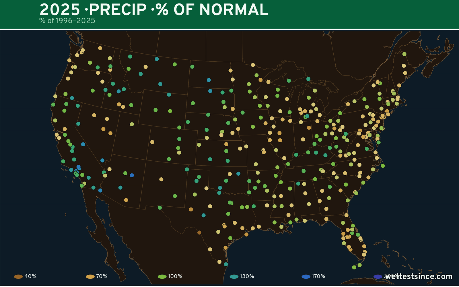 2025 U.S. precipitation percent-of-normal map