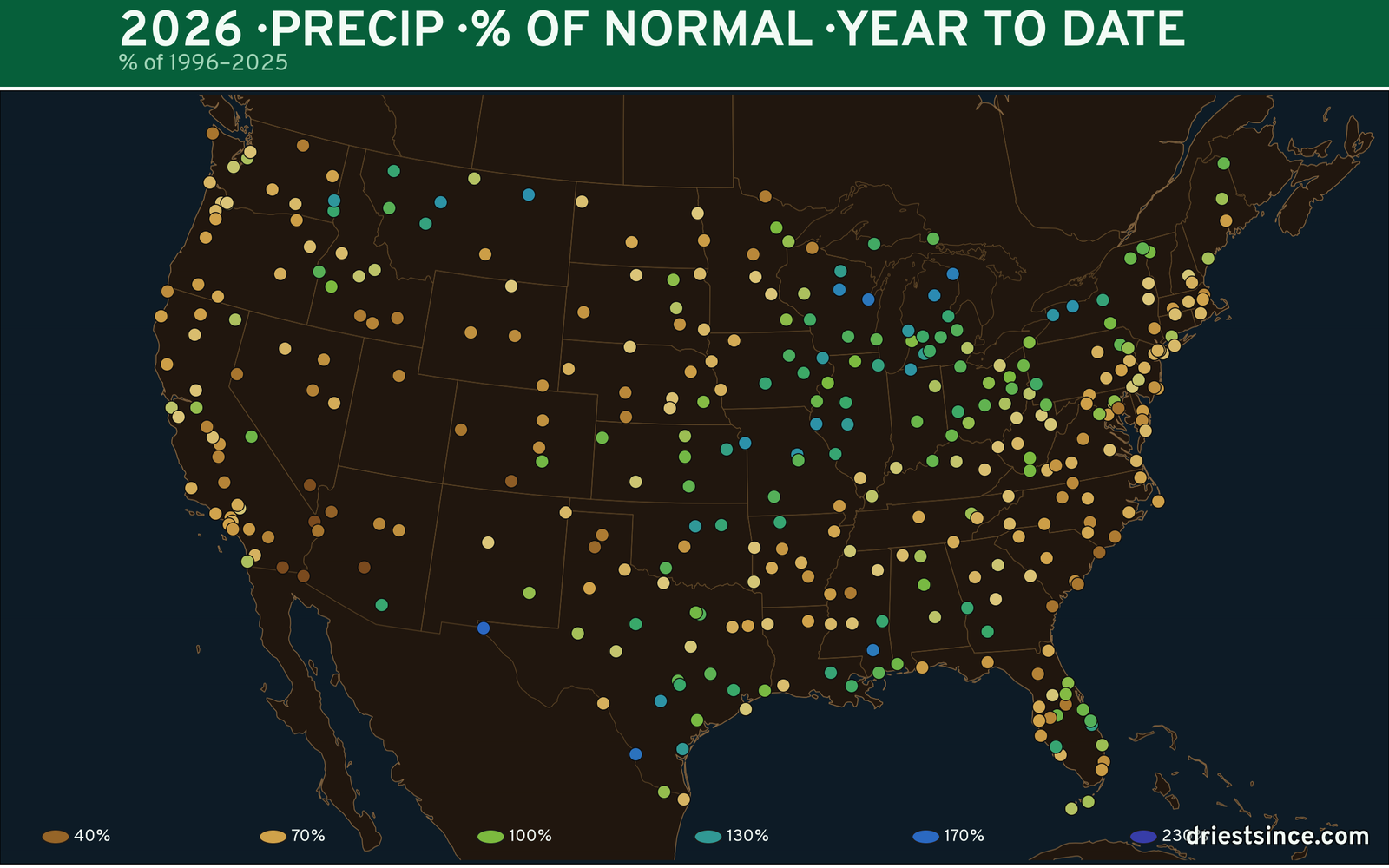 2026 U.S. precipitation percent-of-normal map