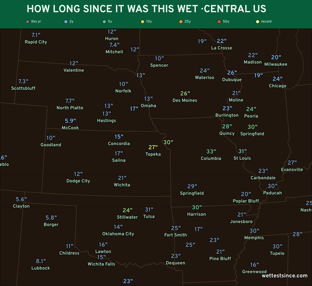 How long since it was this wet, city by city